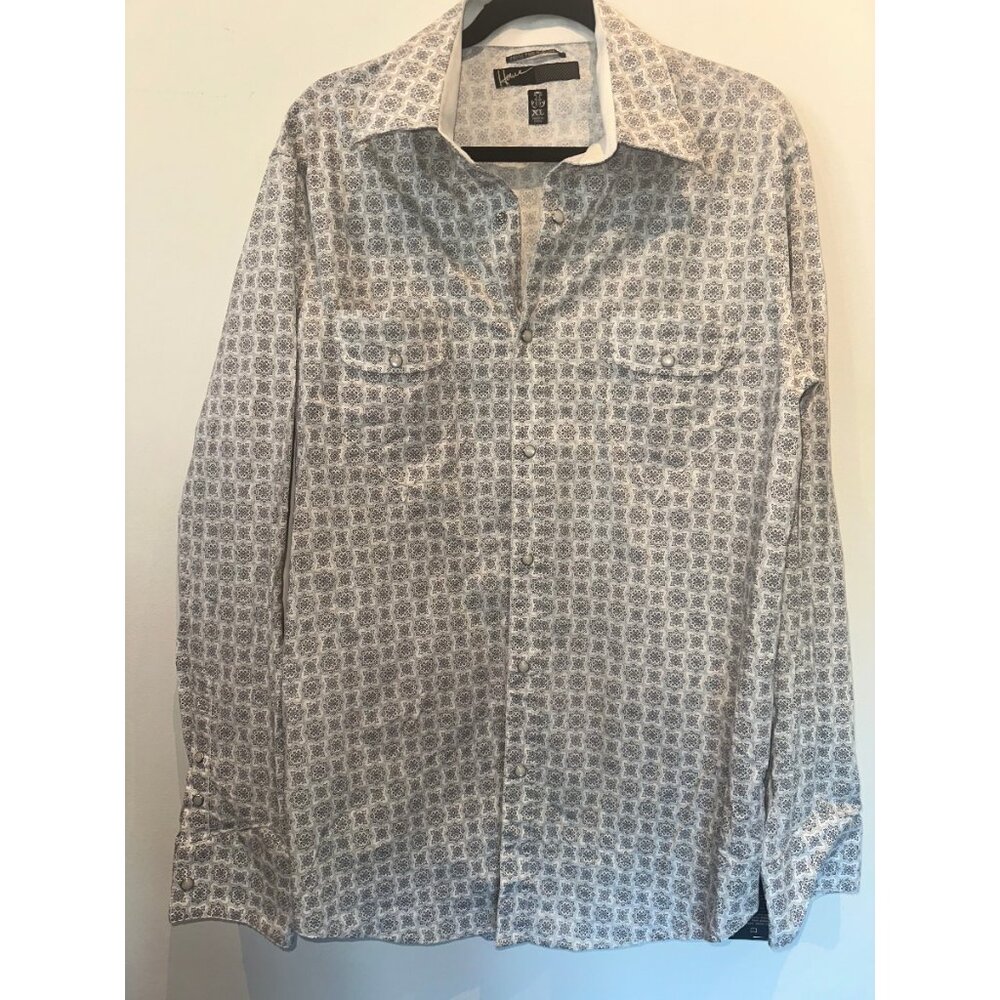 Howe Mens Geometric Medallion Print Long Sleeve Snap Button Up Shirt White Grey